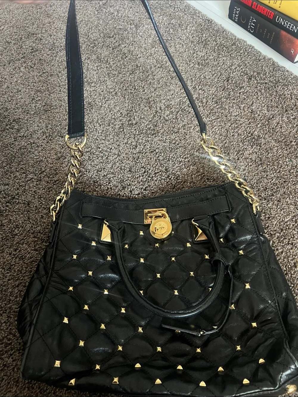 Vintage Michael Kors Black Quilted Leather Satchel with Gold Hardware